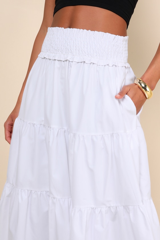 Shop Lulus Covetable Charm White Poplin Tiered Midi Skirt