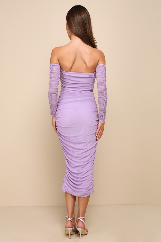 Lulus Desirable Date Lavender Mesh Ruched Off-the-shoulder Midi Dress In Purple