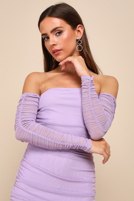 Lulus Desirable Date Lavender Mesh Ruched Off-the-shoulder Midi Dress In Purple