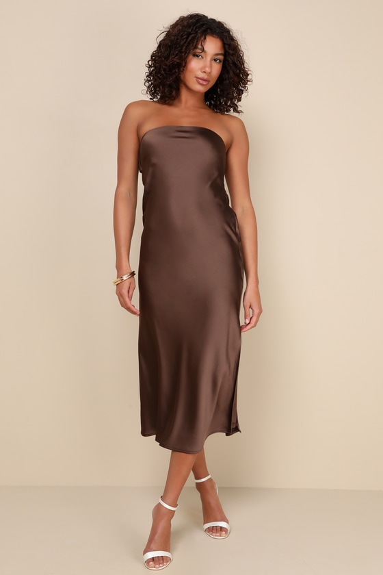 Effortless Bliss Dark Brown Satin Strapless Cowl Back Midi Dress