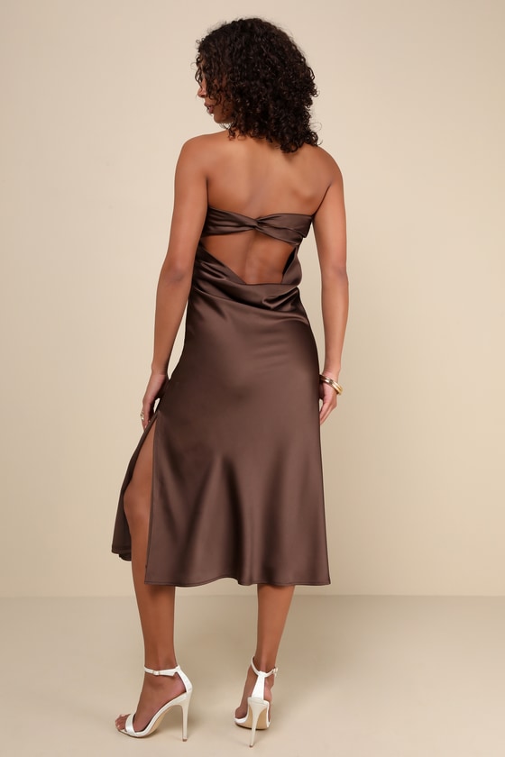 Lulus Effortless Bliss Dark Brown Satin Strapless Cowl Back Midi Dress In Brown