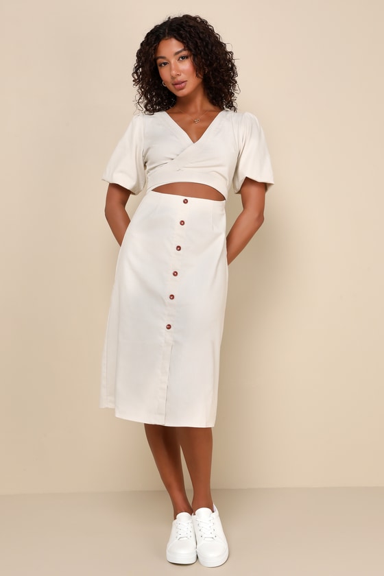 Shop Lulus Summery Disposition Beige Linen Wrap Front Cutout Midi Dress
