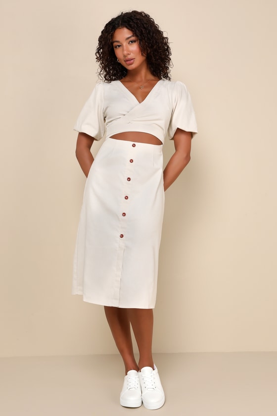 Beige Linen Dress - Wrap Front Midi Dress - Cutout Midi Dress - Lulus