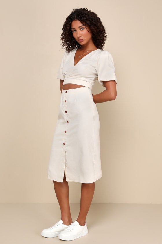 Shop Lulus Summery Disposition Beige Linen Wrap Front Cutout Midi Dress