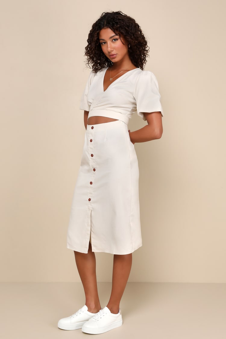 Summery Disposition Beige Linen Wrap Front Cutout Midi Dress Summery Disposition Beige Linen Wrap Front Cutout Midi Dress