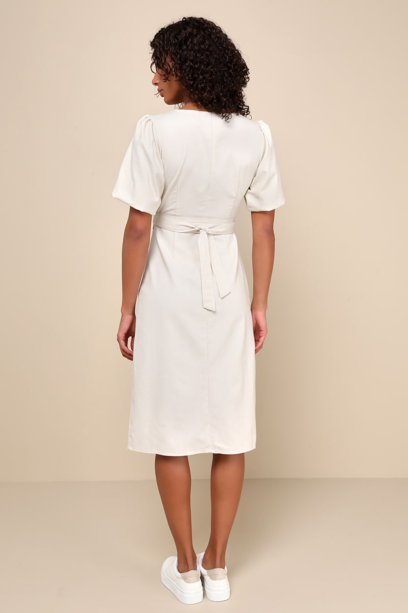 Beige Linen Dress - Wrap Front Midi Dress - Cutout Midi Dress - Lulus