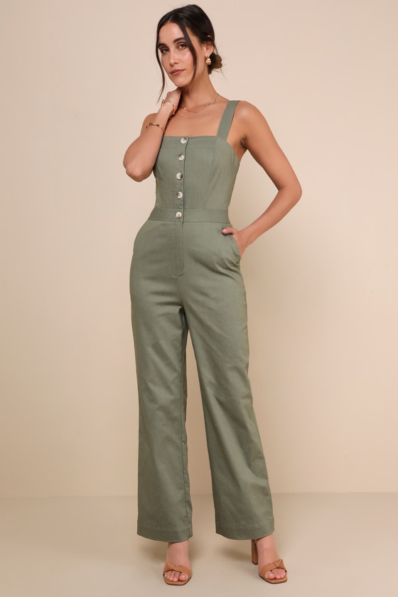 Shop Lulus Practical Charm Sage Twill Button-front Straight Leg Jumpsuit In Green