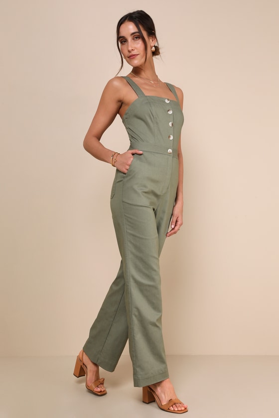 Shop Lulus Practical Charm Sage Twill Button-front Straight Leg Jumpsuit In Green