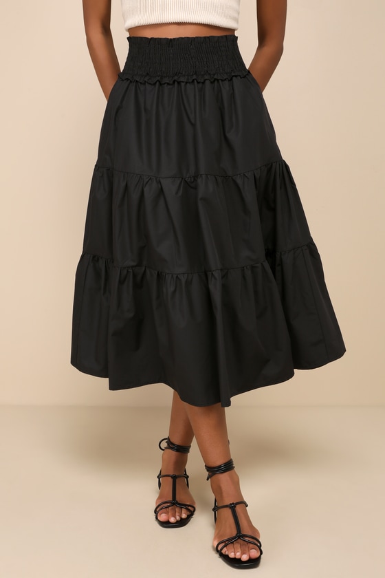 Covetable Charm Black Poplin Tiered Midi Skirt 3
