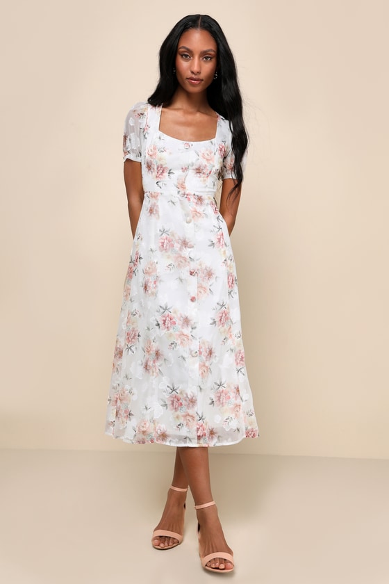 White Floral Midi Dress - Button-Front Dress - Puff Sleeve Dress - Lulus