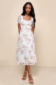 Moment of Beauty White Floral Print Button-Front Midi Dress