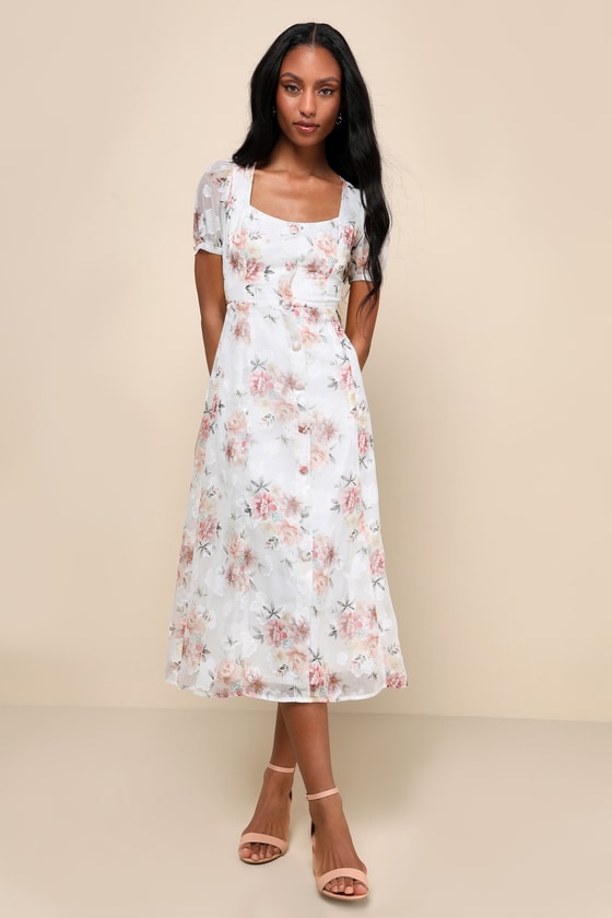 Moment of Beauty White Floral Print Button-Front Midi Dress 1