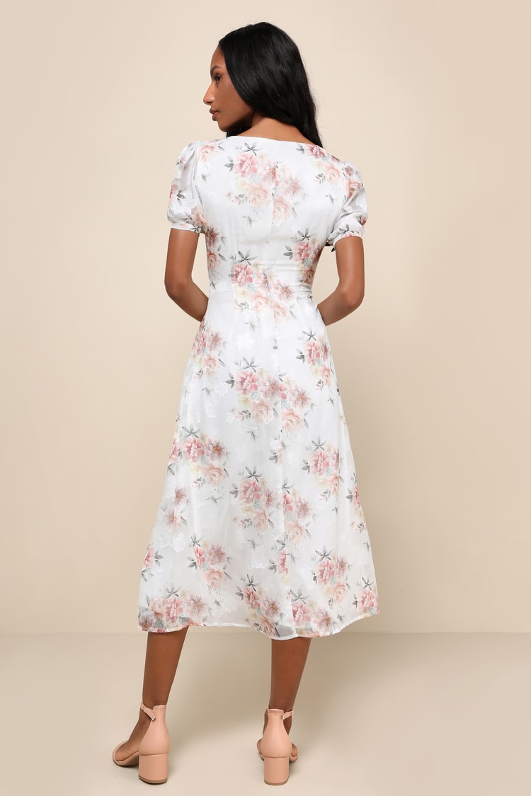 Moment of Beauty White Floral Print Button-Front Midi Dress