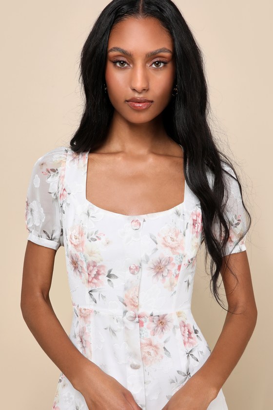 Lulus Moment Of Beauty White Floral Print Button-front Midi Dress In White