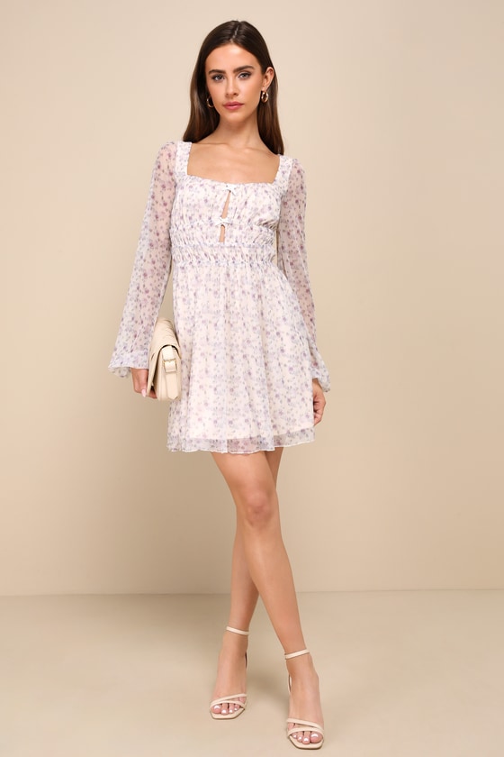 Cute Ivory Floral Dress - Balloon Sleeve Dress - Mesh Mini