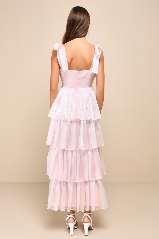 Lulus Radiant Arrival Shiny Pink Organza Tiered Tie-strap Maxi Dress In Pink