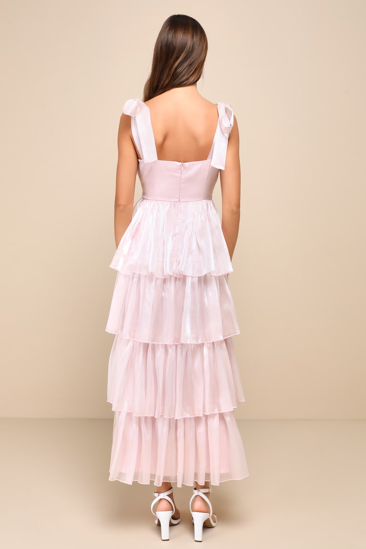 Radiant Arrival Shiny Pink Organza Tiered Tie-Strap Maxi Dress