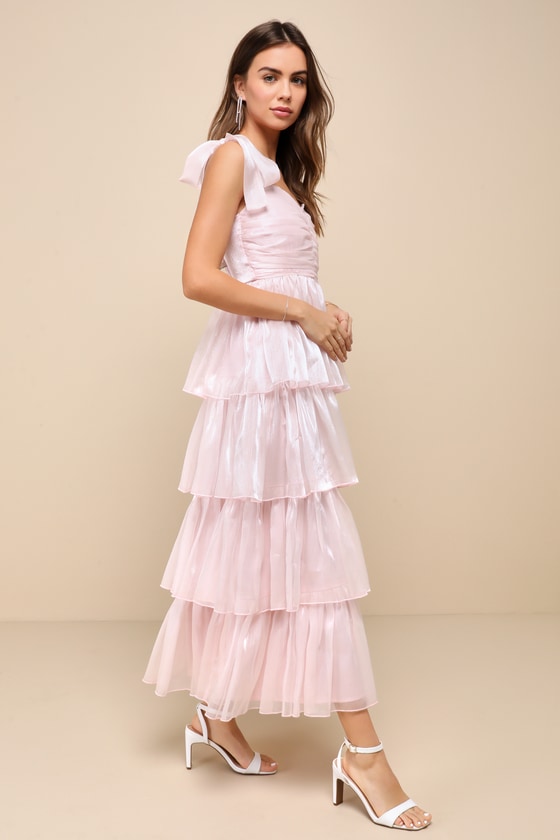 Lulus Radiant Arrival Shiny Pink Organza Tiered Tie-strap Maxi Dress In Pink