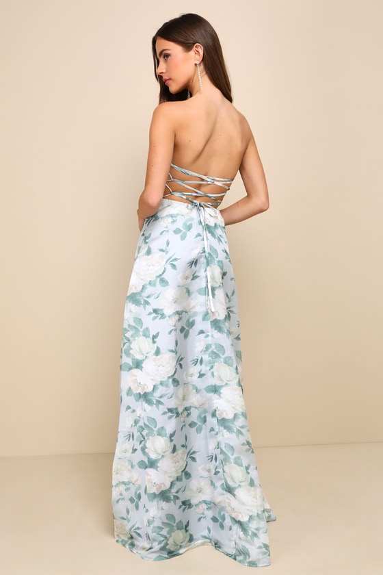 Light Blue Floral Dress - Lace-Up Maxi Dress - Strapless