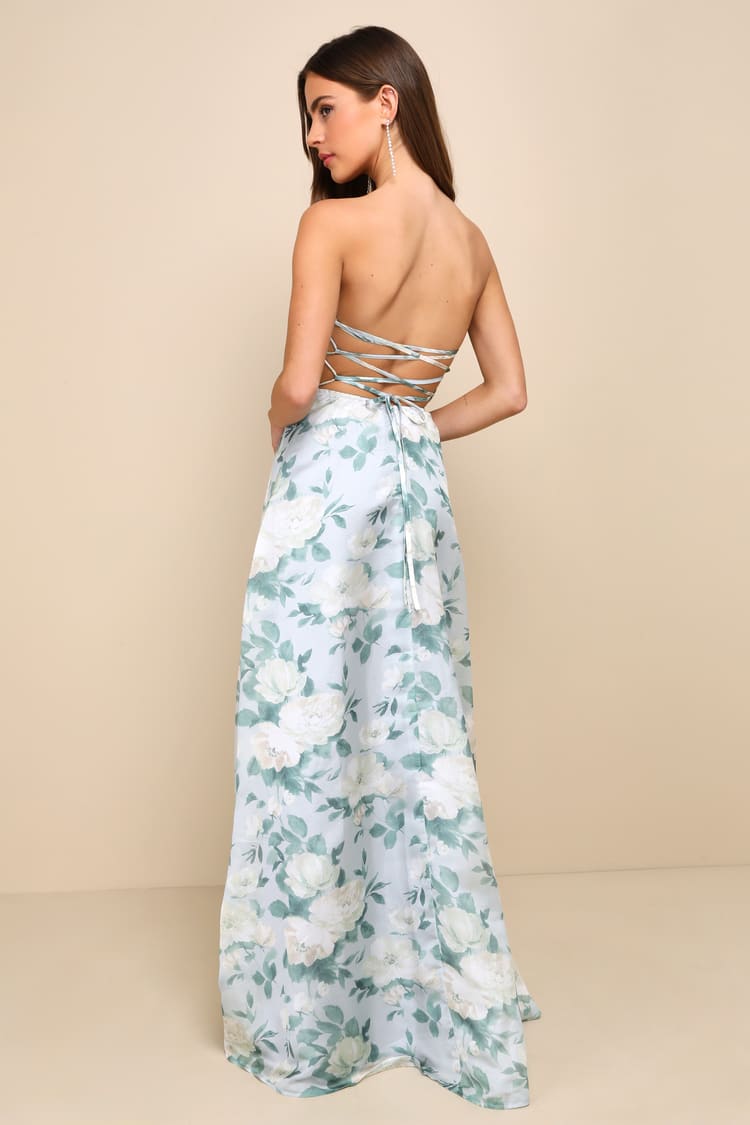 Exceptional Sight Light Blue Floral Lace-Up Strapless Maxi Dress