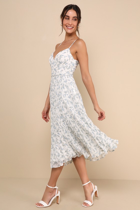 White Floral Print Dress - Pleated Dress - Swiss Dot Midi Dress - Lulus