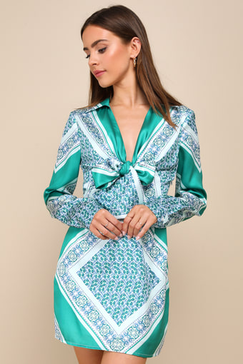 Traveling Spirit Green Satin Scarf Print Tie-Front Mini Dress