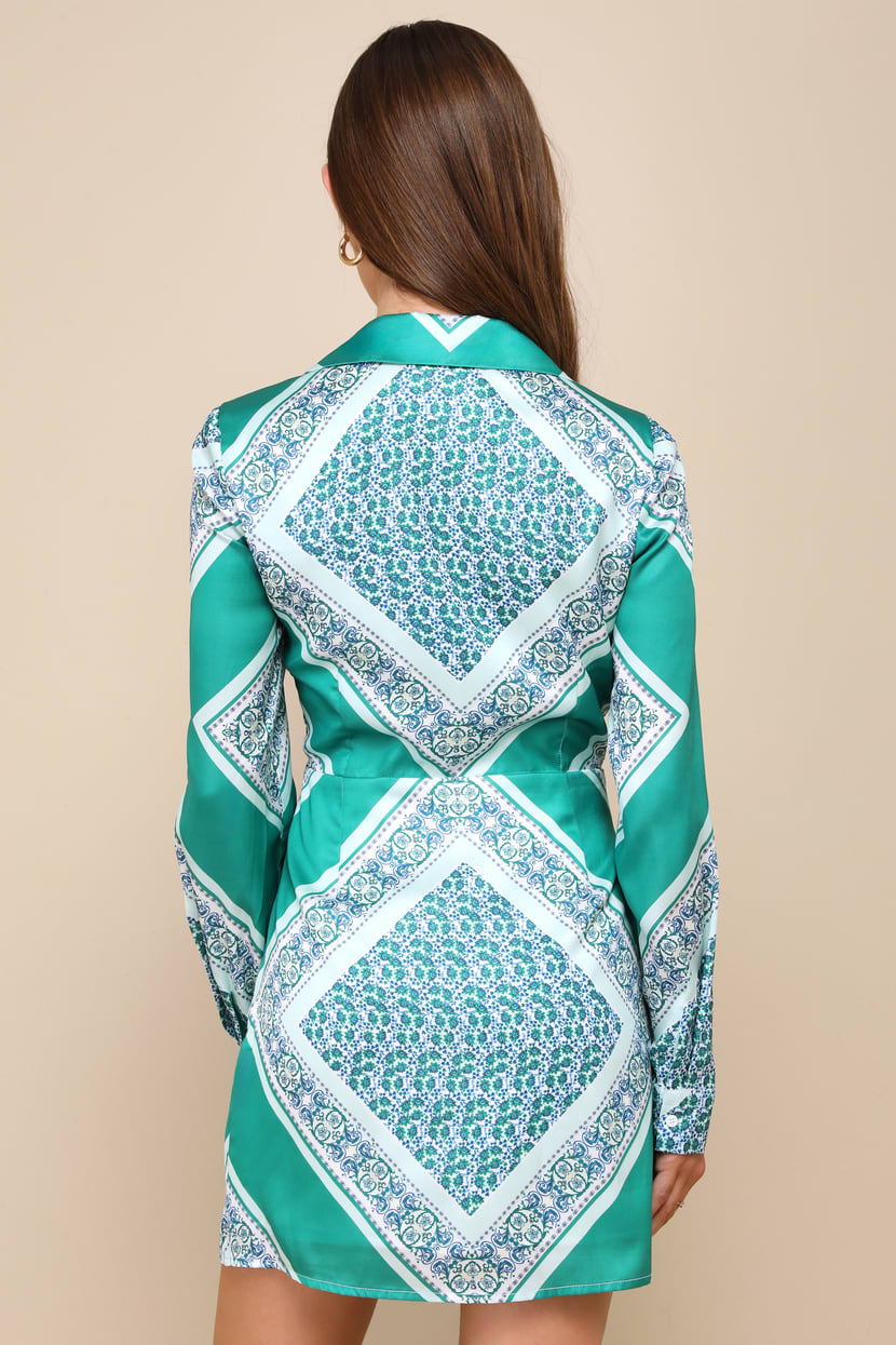 green emerald velvet dress Carstowe Scarf-Print Mini Dress in Light Green Pistachio Multi