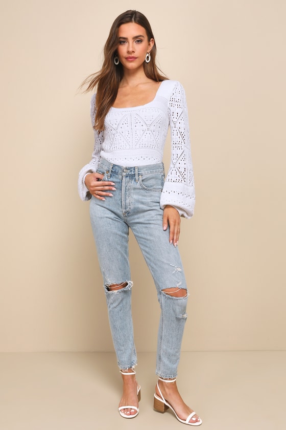 Shop Lulus Adorably Styled Ivory Crochet Long Sleeve Sweater Top