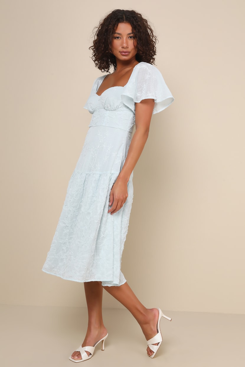 Light Blue Dress - Embroidered Floral Dress - Bustier Midi Dress - Lulus