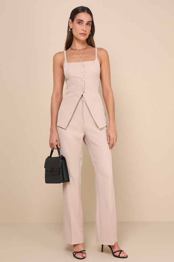 Shop Lulus Chic Muse Beige High-rise Straight-leg Trouser Pants