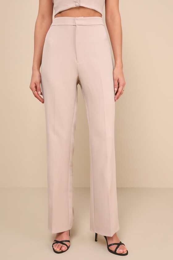 Shop Lulus Chic Muse Beige High Rise Straight Leg Trouser Pants