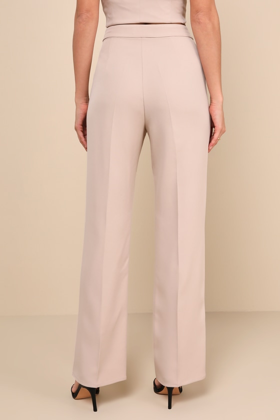 Shop Lulus Chic Muse Beige High-rise Straight-leg Trouser Pants