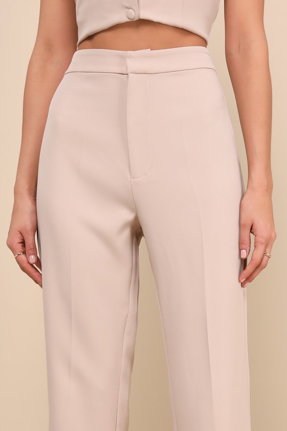 Shop Lulus Chic Muse Beige High Rise Straight Leg Trouser Pants