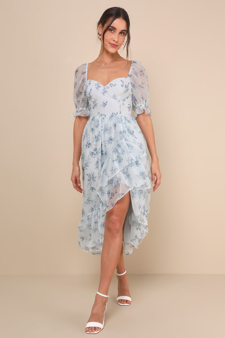 sachin and babi light blue dress Light Blue Floral Dress - Ruffled Midi Dress - Puff Sleeve Dress