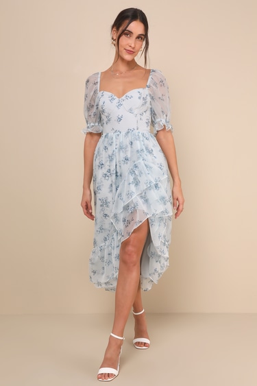 Light Blue Floral Dress Ruffled Midi Dress Puff Sleeve Dress