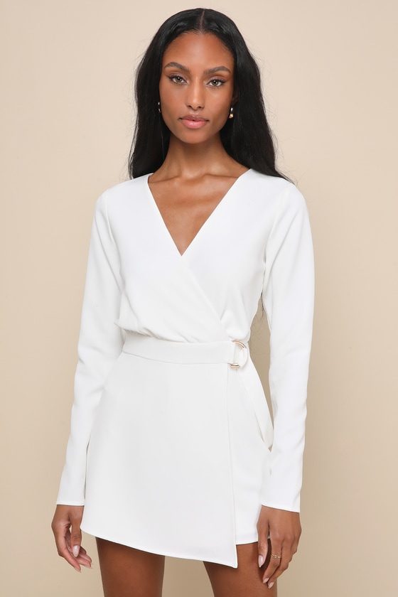 Rooftop Bar White Long Sleeve Faux-Wrap Belted Skort Romper 2