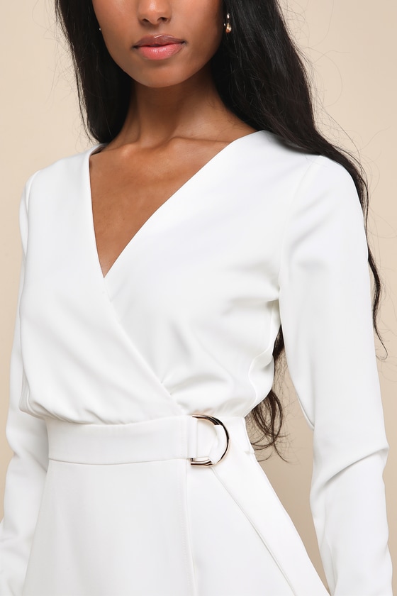 Lulus Rooftop Bar White Long Sleeve Faux-wrap Belted Skort Romper In White