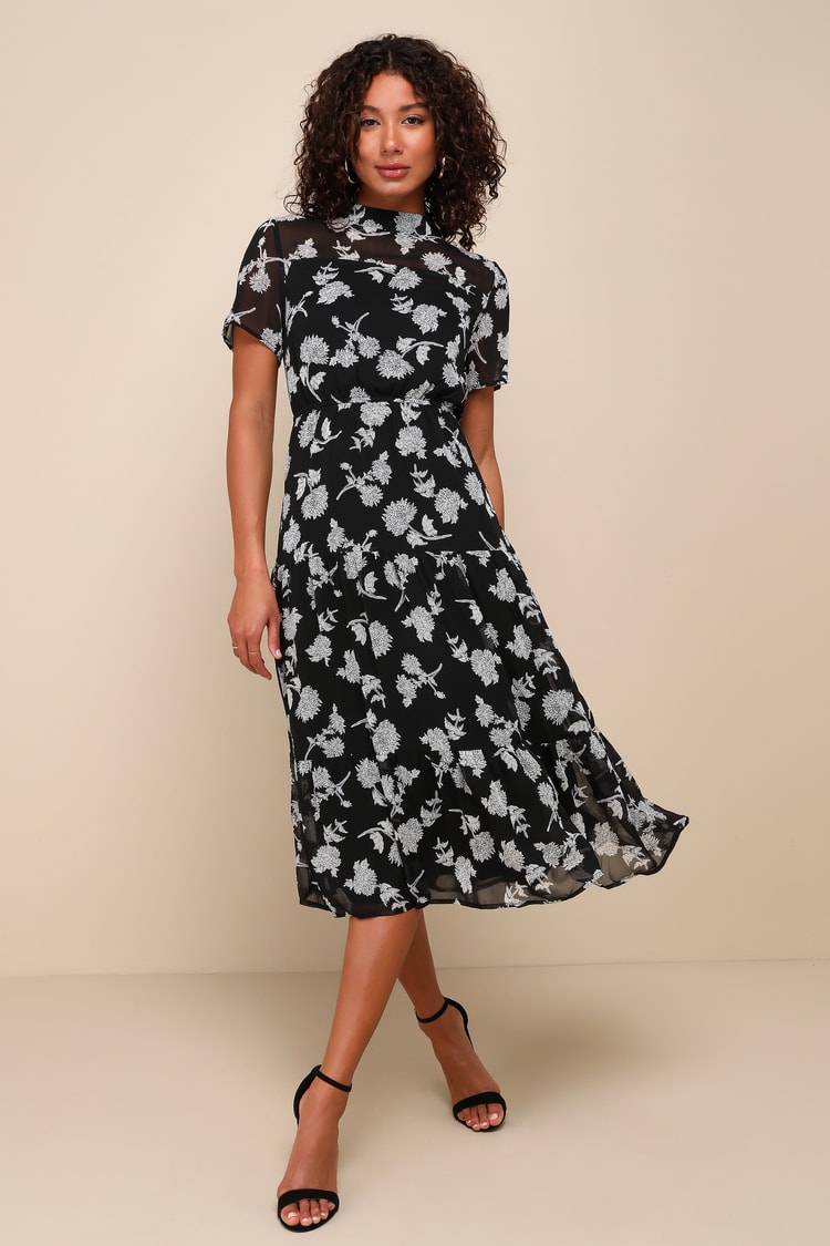 Floral Dressed Up Black Floral Print Midi Dress