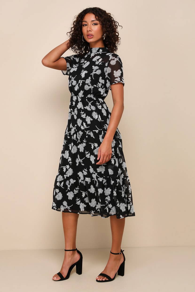 Floral Dressed Up Black Floral Print Midi Dress