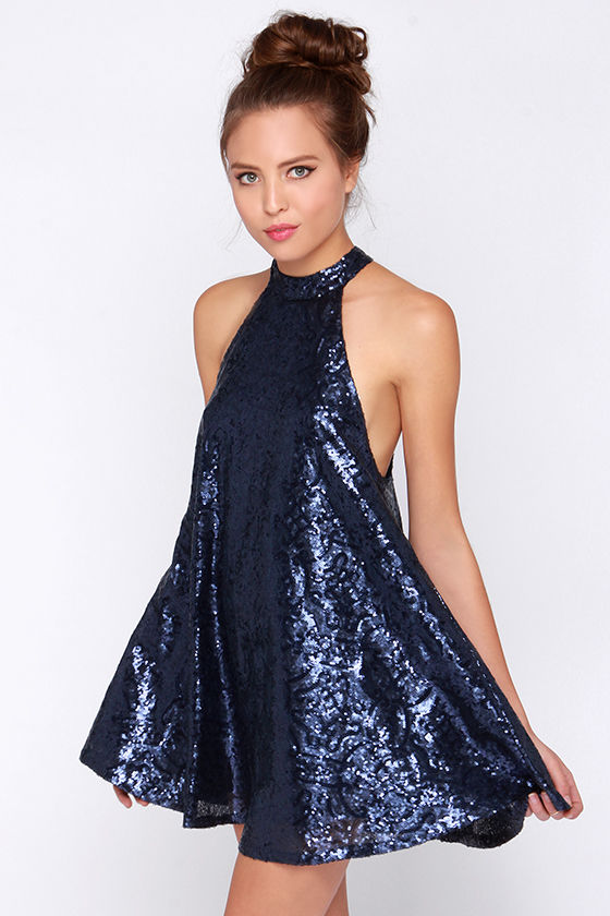 Halter Dress - Navy Blue Dress - Sequin Dress - Trapeze Dress - $73.00