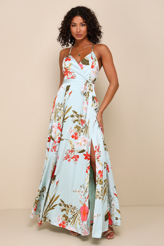 Sage Green Satin Dress - Floral Print Dress - Surplice Maxi Dress - Lulus