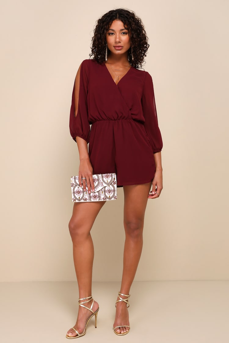 Luck and Love Burgundy Three-Quarter Sleeve Romper