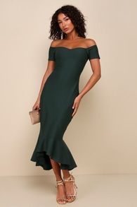How Much I Care Dark Green Off-the-Shoulder Midi Dress