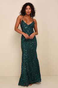 Photo Finish Forest Green Sequin Lace-Up Maxi Dress