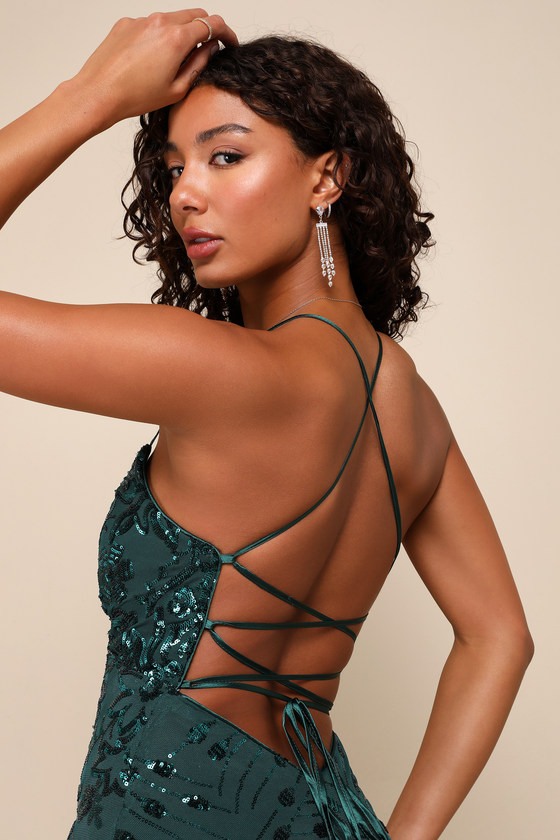 Photo Finish Forest Green Sequin Lace-Up Maxi Dress - thumbnail 4