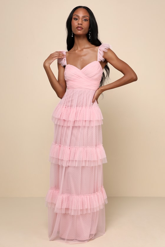 Lulus Pure Radiance Pink Mesh Swiss Dot Backless Tiered Maxi Dress In Pink