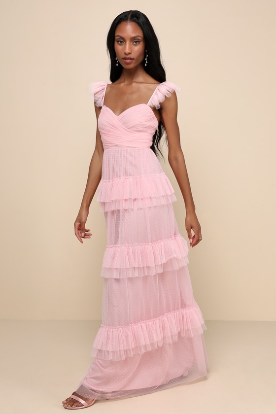Lulus Pure Radiance Pink Mesh Swiss Dot Backless Tiered Maxi Dress In Pink
