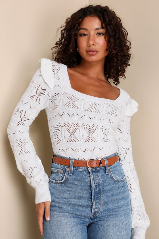Ivory Crochet Sweater - Square Neck Sweater - Ruffled Sweater Top - Lulus