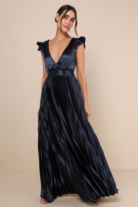 Exceptional Drama Navy Blue Satin Lace-Up Pleated Maxi Dress