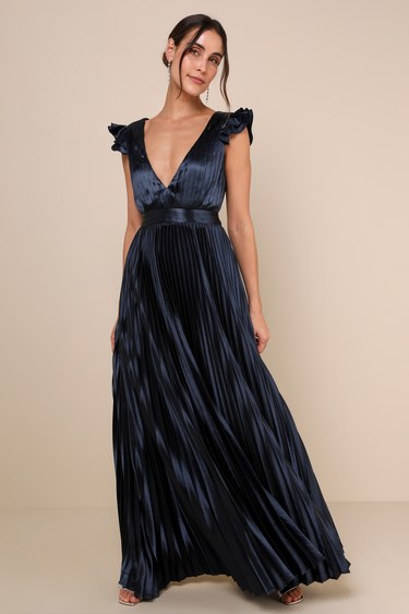 Exceptional Drama Navy Blue Satin Lace-Up Pleated Maxi Dress - Main Image